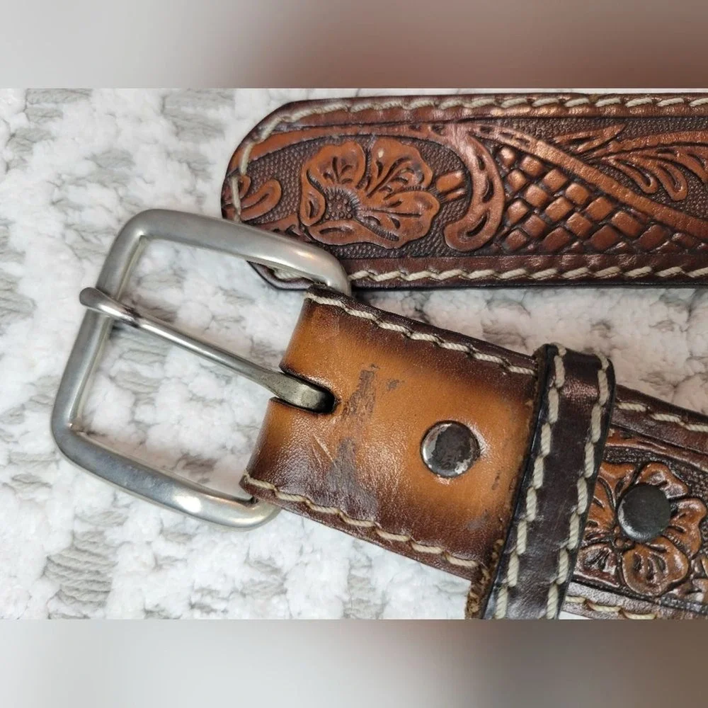 Belt Co Brown Tooled Leather Belt Men's Embellished Florid Western USA Size 38